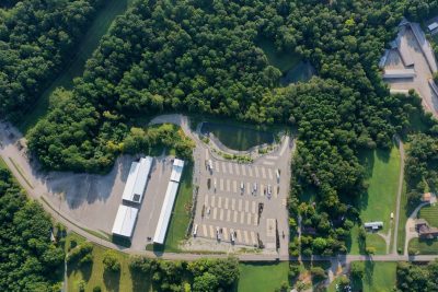 High overhead view of Lakeside Oasis RV Park and the adjoining storage buildings near Lake Cumberland
