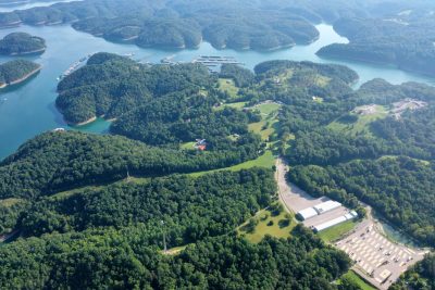Aerial view over the Lake Cumberland coves and Grider Hill Marina with Lakeside Oasis RV Park in the foreground, Albany Kentucky