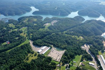 Aerial of Lakeside Oasis RV Park showing how close the park sits to Grider Hill Marina on Lake Cumberland